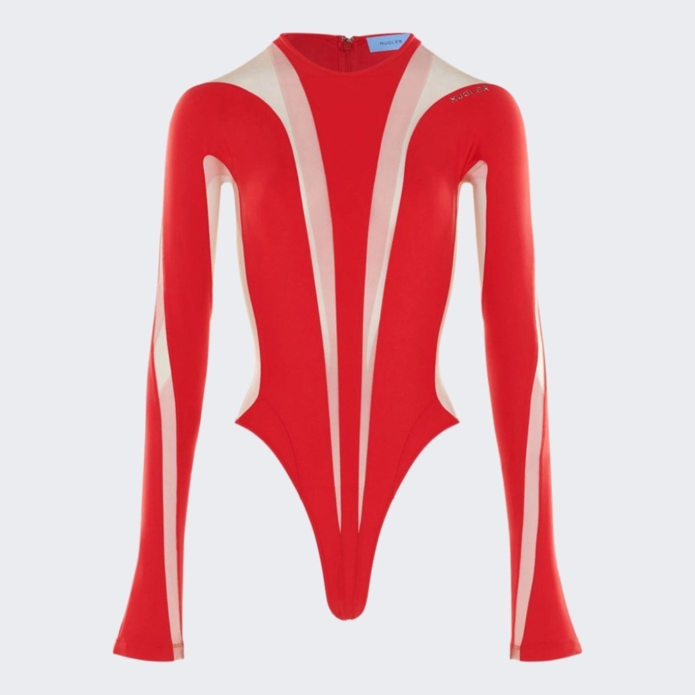 size 40 L Mugler Long-Sleeve Sheer Panel Bodysuit Red Nude 01